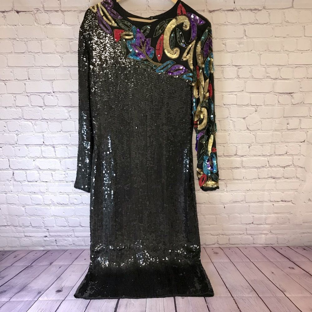 VINTAGE Lauren Alexandra Black with Multi Color Design Sequin Silk Dress Size S
